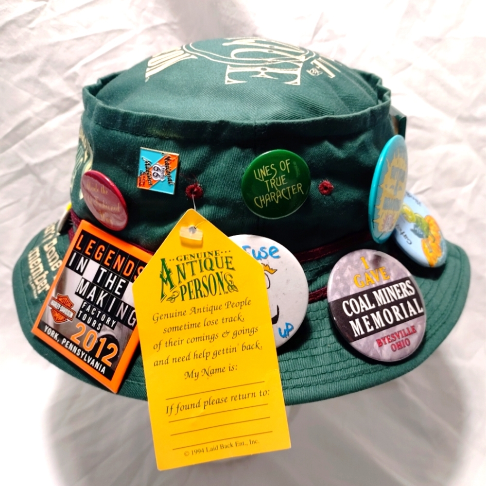 GENUINE ANTIQUE PERSON Novelty Bucket Hat with 18 Pins - Size: Large